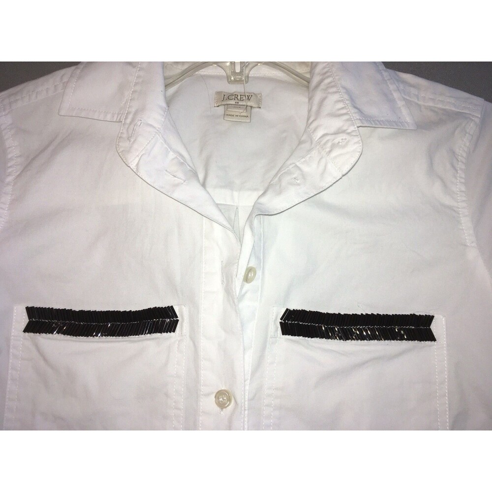 J CREW sz XXS 2XS 97% Cotton Stretch White Black Bead Pockets Classic Blouse
